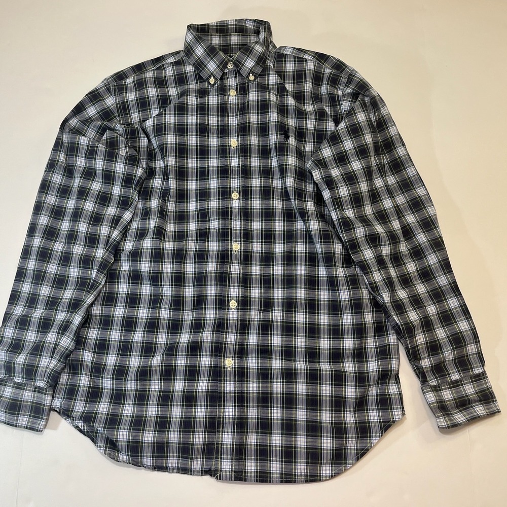Ralph Lauren Plaid Button Down Shirt Boys L 14-16 Navy Green Cotton Preppy